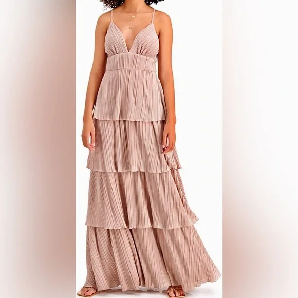 Dusty light pink Rose gold tiered layered maxi cocktail evening party gown dress - Picture 5 of 10
